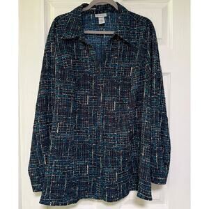 Catherines Women's Abstract Print Button Down Roll Tab Sleeve Top Size 2X